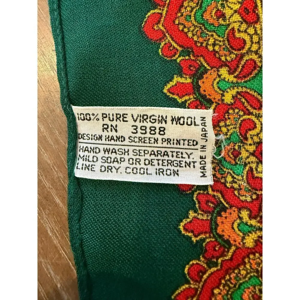 VINTAGE 100% Wool Made in Japan Scarf Neck Tie Green Orange Gold Floral - Picture 3 of 4
